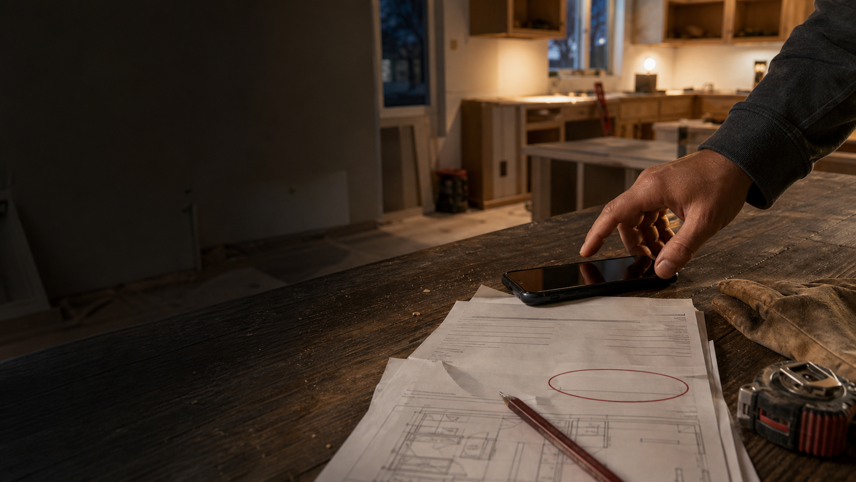 A homeowner pauses over a contractor estimate and phone before paying a renovation deposit.